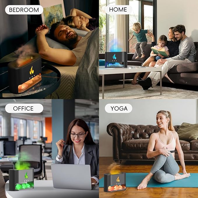 Essential Oil Diffuser, Fireplace Flame Fire Oil Diffuser, 250ml Himalayan Salt Lamp Diffuser, Cool Mist Aromatherapy Humidifier with 7 Colors Light, Timer & Auto-Off for Home, Room (Black) - Bloomnest