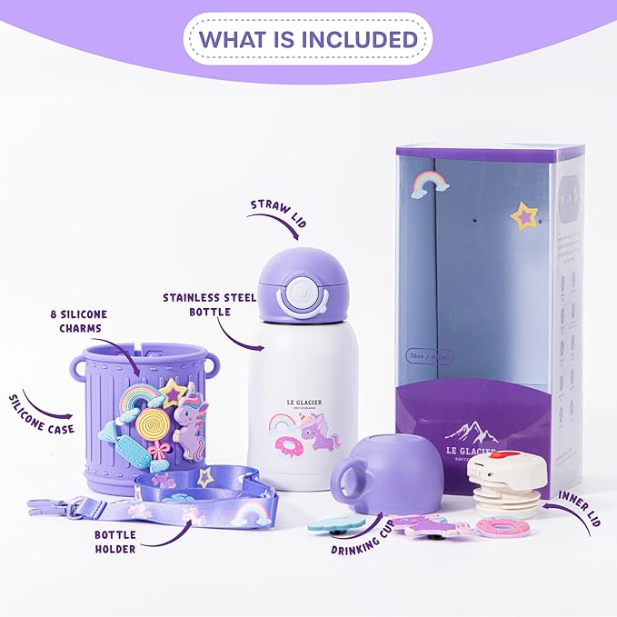 Kids Insulated Tumbler Set – 16oz Stainless Steel Water Bottle with Straw & Pour Lids, Screw-On Cup, Adjustable Strap, Silicone Sleeve & Charms – Leakproof BPA-Free Bottle for Boys & Girls - Bloomnest