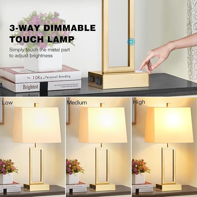 23.5" Touch Control Table Lamps, Metal Bedside Lamp for Bedroom Set of 2 with USB A+C Ports & AC Outlet, 3-Way Dimmable Nightstand Lamp for Living Room (LED Bulb Included) - Bloomnest