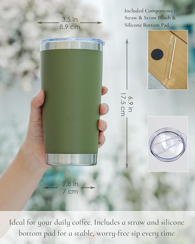Travel Coffee Tumbler 20oz, 8 Pack Leakproof Travel Coffee Mug with Lid and Straw, Stainless Steel Double Wall Vacuum Insulated Tumbler for Hot/Iced Drinks (Textured Matte, Army Green) - Bloomnest