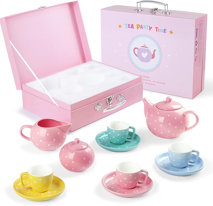 fanquare Porcelain Tea Set for Little Girls,12 Pieces Pretend Play Coloful Tea Set with Pink Box for Kid's Birthday - Bloomnest