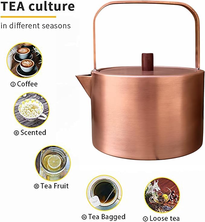 YJX Pure Copper Tea Kettle For Stovetop Safe, Chinese Style Non-Coating Teapot with Stainless Steel Tea Ball For Loose Tea, Durable Tea Pot, 1500ml Kettle - Bloomnest