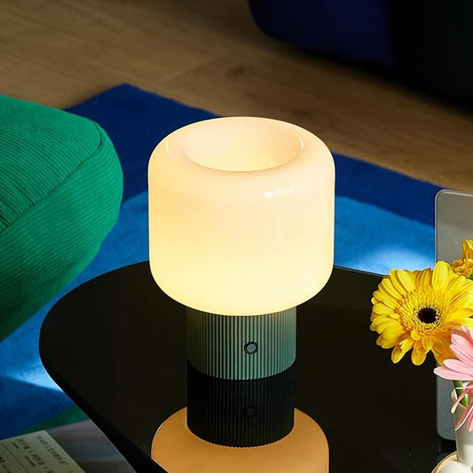 Halo Mushroom Lamp, 5W Cute Cordless Rechargeable Table Lamp with Glass Shade, 3 Color Temps LED Dimmable Ambient Lighting, Small Retro Touch Bedside Light for Bedroom Decor, Vintage Green - Bloomnest