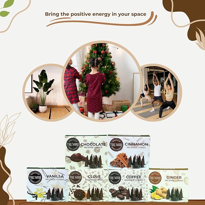 TRUMIRI Gourmet Incense Cones - Variety Pack - Total 60 Cone Incense (6 Scents x 10 Conos) - Vanilla, Cinnamon, Coffee, Chocolate, Clove, Ginger - Cone Incense Scents - Insense Cones - Incent Cone TRUMIRI