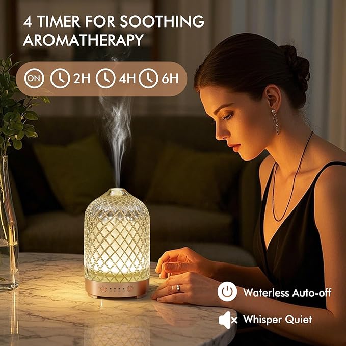 Essential Oil Diffuser 200ml-Ultrasonic Aroma Diffuser with 4 Timers, Aromatherapy Diffuser 7 Color LED Lights Auto Shut-Off Protection for Home Office (Rhombus-Glass) EQUSUPRO