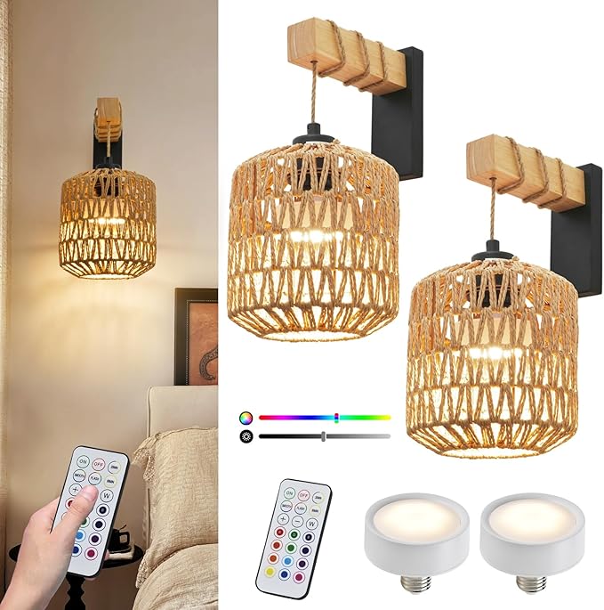 Battery Operated Wall Sconce Set of Two, Rechargeable Rattan Wall Sconces with Remote RGB 15 Colors Dimmable, Farmhouse Boho Wall Lights for Bedroom Living Room Entryway - Bloomnest