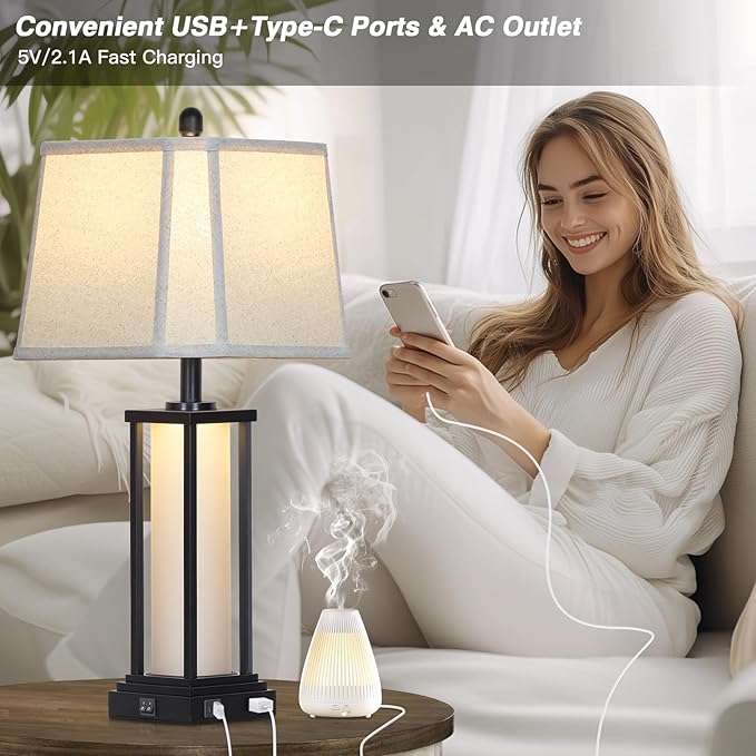 27" Tall Vintage Table Lamp Set of 2 with USB C+A & Outlet,Black Industrial End Table Lamp for Living Room,Farmhouse Rustic Bedside Lamps with Bell Lampshades for Bedroom Nightstand,Black - Bloomnest