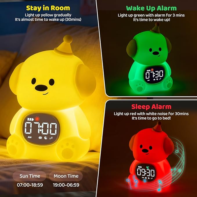 Dog Alarm Clock with Night Light for Kids with Sleep Training and Sound Machine, Rechargeable Silicone Lamp OK to Wake Clock，Cute Animal Tabletop Lamp, Perfect Sleep Companion for Boys Girls - Bloomnest