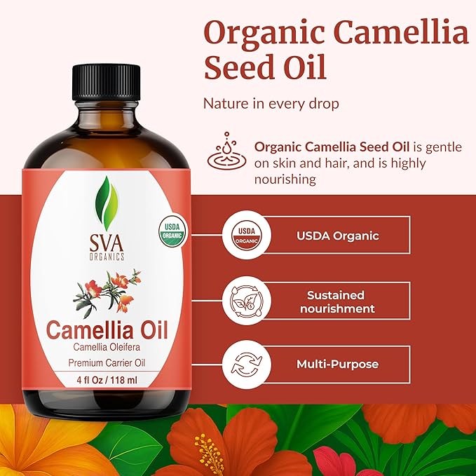 SVA Camellia Seed Oil Organic - 4 Fl Oz – 100% Natural Cold Pressed Organic Camellia Oil - for Face, Skin Care, Hair Care, Scalp Massage & Body Massage – Carrier Oil with Dropper - Bloomnest