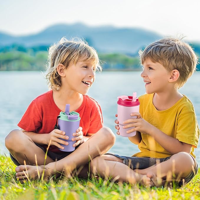 13.5oz Kids Insulated Tumbler with Lid and Straw, BPA-Free Stainless Steel Kids Water Bottle, Leak-Proof& Cupholder Friendly Tumbler for Boys & Girls -2 Pack(Pink+Purple) - Bloomnest