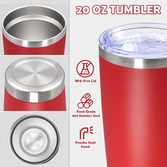 20oz Tumbler Bulk Stainless Steel Tumbler Cup with Lid Vacuum Insulated Double Wall Travel Mug, Durable Powder Coated Travel Coffee Tumbler Mug for Hot & Cold Drinks, Red,8 Pack - Bloomnest