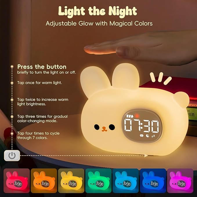 Bunny Alarm Clock with Night Light for Kids with Sleep Training and Sound Machine, Rechargeable Silicone Lamp OK to Wake Clock，Cute Animal Tabletop Lamp, Perfect Sleep Companion for Boys Girls - Bloomnest