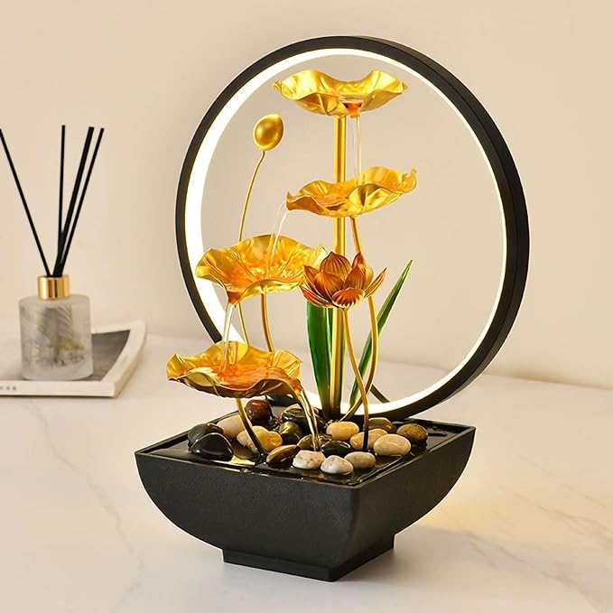 Tabletop Water Fountain Lotus Leaf Indoor Waterfall Fountain, 15 in USB Powered Tabletop Lotus Water Fountains with 1 Replacement Water Pump (Gold Large) - Bloomnest
