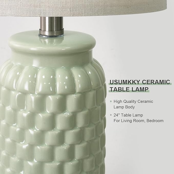 24" Modern Ceramic Green Bedside Lamp Set of 2 Table Lamp for Bedroom Decor Farmhouse Table Lamp for Living Room Office Dorm - Bloomnest