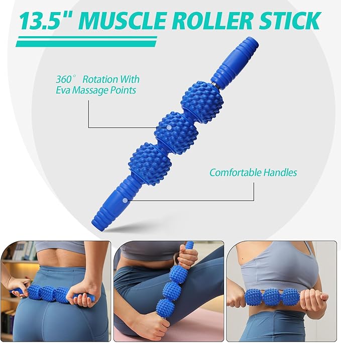 5-in-1 Foam Roller Set, Massage Roller Stick, Massage Ball, Resistance Band for Deep Muscle Massage, Trigger Point Release, Pilates, Yoga (Blue-Wave) - Bloomnest