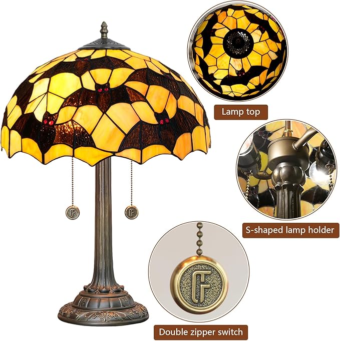 Tiffany Table Lamp Black Bat Design Stained Glass Lamp 16 inch Handmade Large Desk Light Antique Beside Reading Lamp for Home Living Room Bedroom Office - Bloomnest