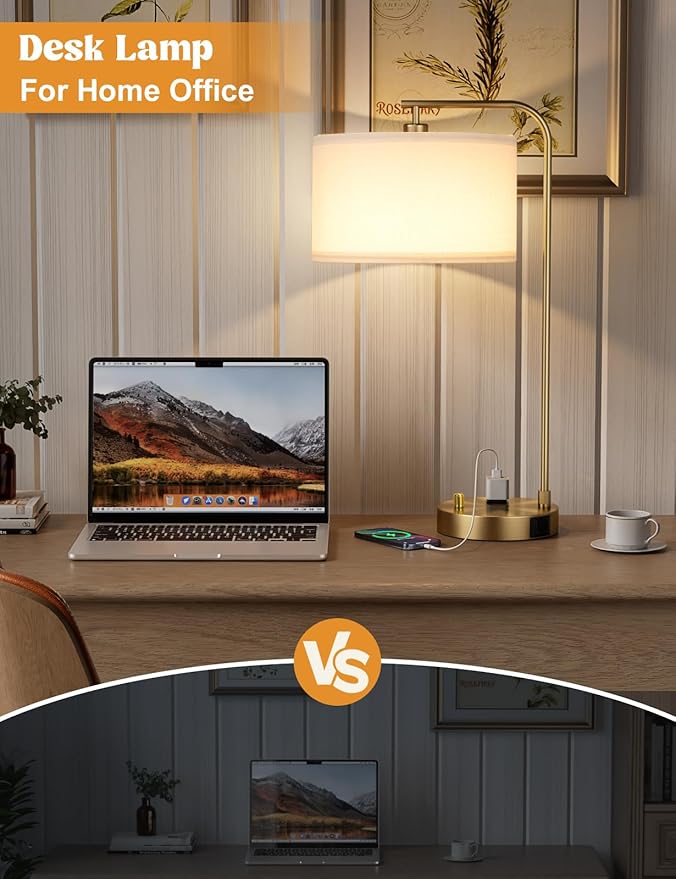 Gold Table Lamp with USB Port and Outlet, Dimmable Nightstand Bedside Lamps with Linen Lampshade, Desk Lamp for Bedroom, Living Room, Guest Room, Home Office, LED Bulb Included - Bloomnest