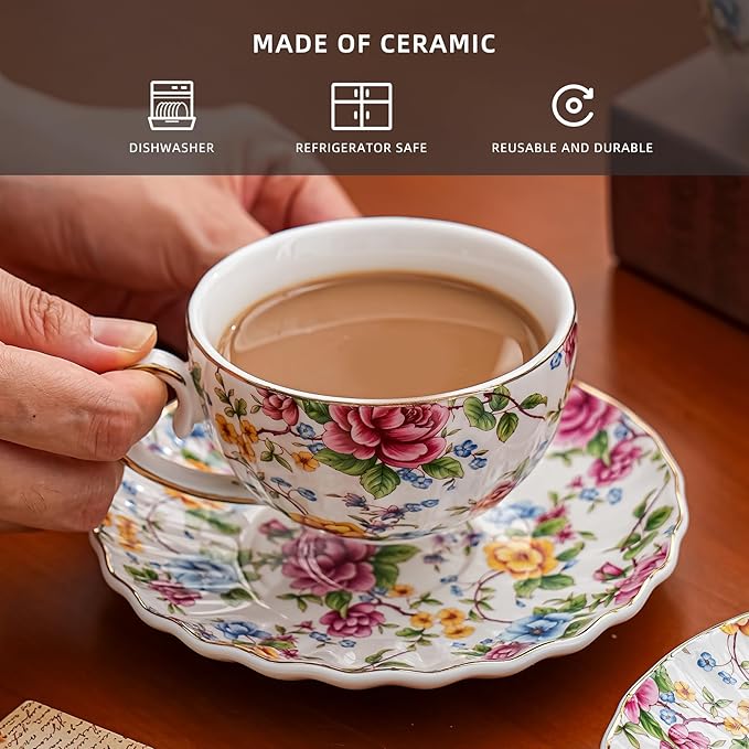 Ceramic Tea Cup and Saucers, 6.4oz Floral Tea Cups, Coffee Cappuccino Espresso Latte Mugs for Party Birthday,Christmas Gift (Flowers and green leaves) - Bloomnest