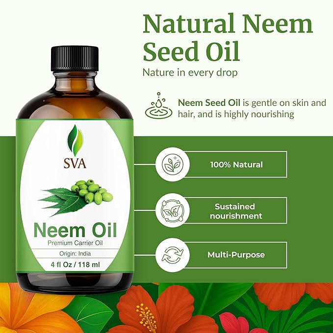 SVA Neem Seed Oil - 4 Fl Oz – 100% Natural Cold Pressed Neem Oil - for Face, Skin Care, Hair Care, Scalp Massage & Body Massage – Carrier Oil with Dropper - Bloomnest