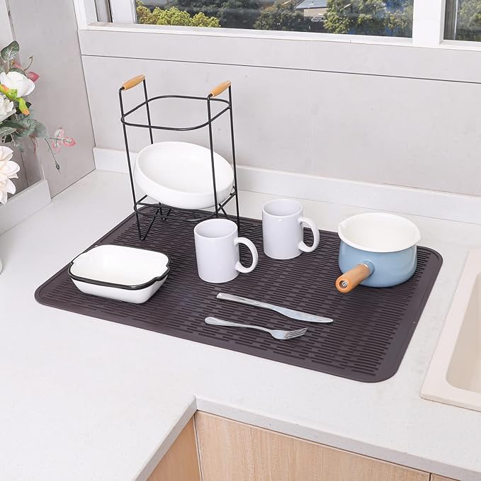 Silicone Dish Drying Mat for Multiple Usage,Easy clean,Eco-friendly,Heat-resistant Silicone Mat for Kitchen Counter or Sink,Refrigerator or Drawer Liner Coffee 3XL 28 inches x 18 inches - Bloomnest