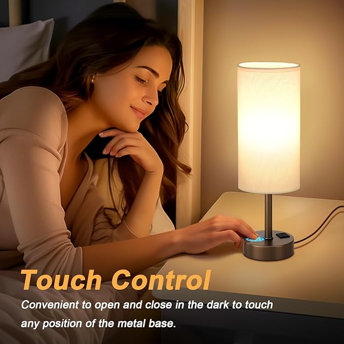 Bedside Touch Table Lamps for Bedroom Nightstand with USB-C USB-A Charging Ports, White & Brown 3 Way Dimmable Small Desk Lamp for Office, Living Room, Reading, Dorm - Bloomnest