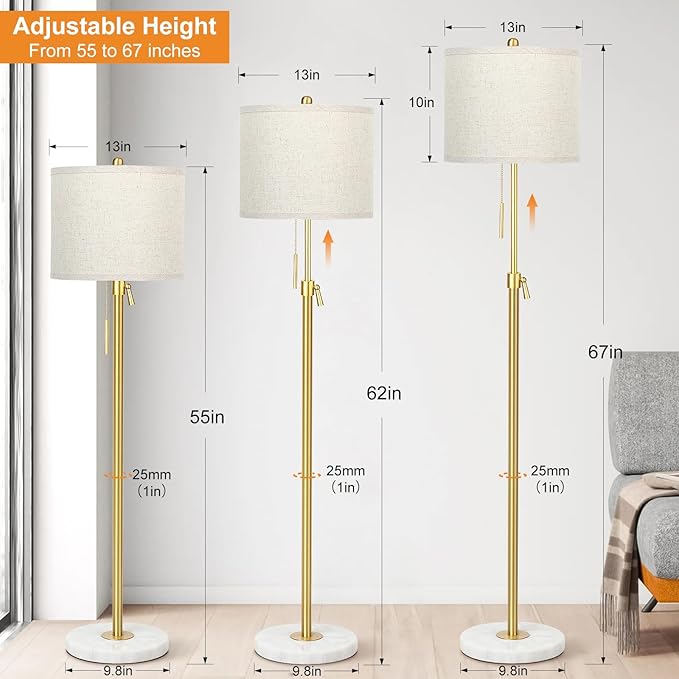 Modern Floor Lamp for Living Room, Adjustable Height Standing Lamp with Marble Base, Gold Tall Pole Light with Linen Shade for Reading Bedroom, Chain Switch, 8W 3-Way Dimmable Bulb Included - Bloomnest