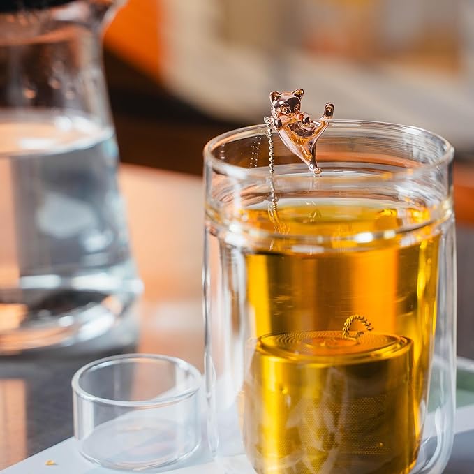 Cat Tea Infuser Stainless Steel with Secure Clip Rose Gold Kitty - Cute Animal Tea Ball Strainer, Reusable Loose Leaf Infuser w/Hanging Clip & Glass Holder Gift for Tea Lovers