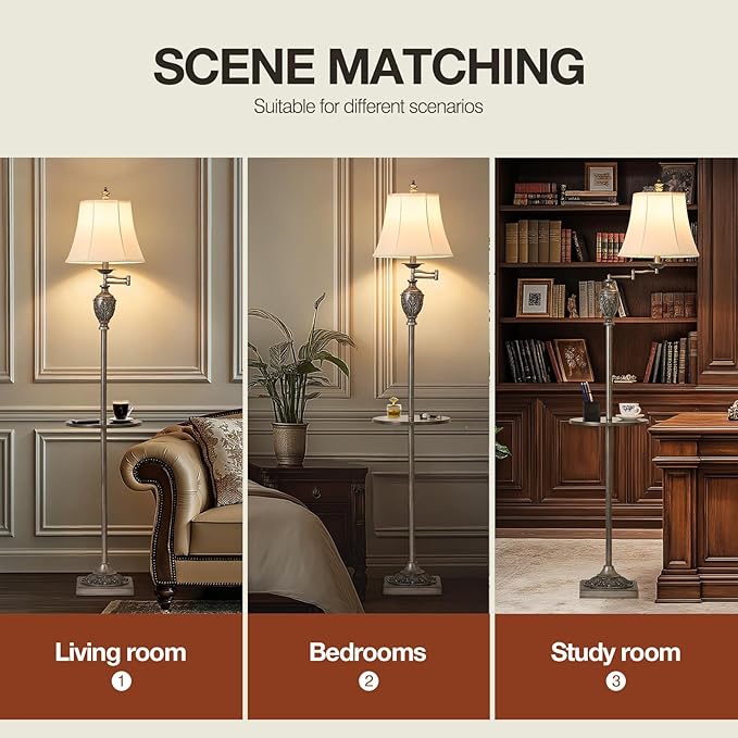 Traditional LED Floor Lamp with 350° Adjustable Swing Arm Lamp – Vintage Standing Pole lamp for Living Room, Bedroom and Office – Rustic Upright Floor Light for Home Décor with Silk Fabric Shade - Bloomnest