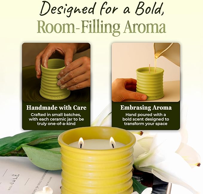 Scented Luxury Candles in Handmade Ceramic Jars, Soy Wax | Flower Bomb – Lily of The Valley & Jasmine, Large Candle | Non Toxic, 2 Wicks, Reusable Yellow Jar | Natural Spring Aromatherapy for Women - Bloomnest