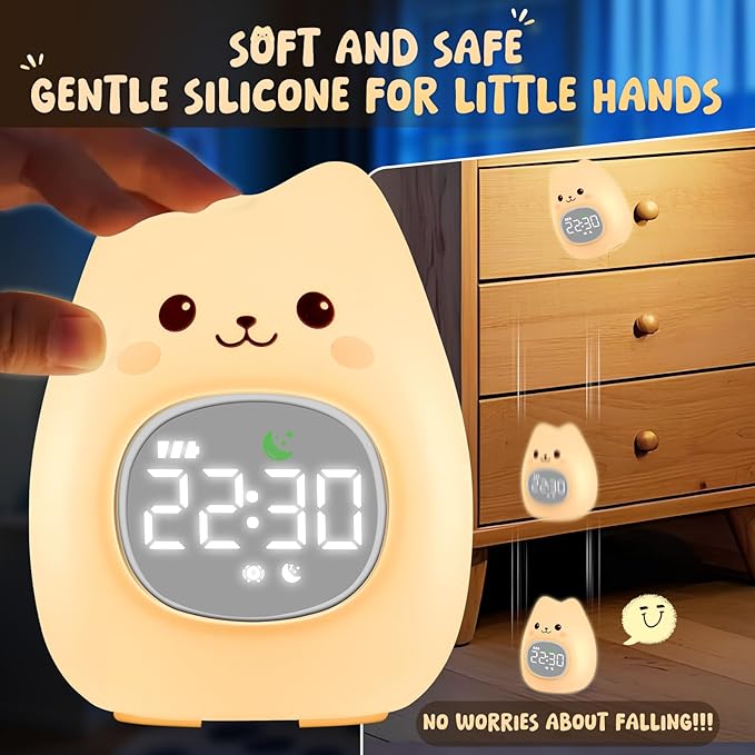 Cat Alarm Clock with Night Light for Kids with Sleep Training and Sound Machine, Rechargeable Silicone Lamp OK to Wake Clock，Cute Animal Tabletop Lamp, Perfect Sleep Companion for Boys Girls - Bloomnest
