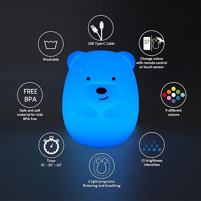 Bear Night Lights for Kids, Bedside lamp for Children, Baby Nursery Light - Break Resistant/Eye Caring/Adjustable Brightness Color/Time Setting/Gifts for Kids Babies Boys Girls - Medium - Bloomnest