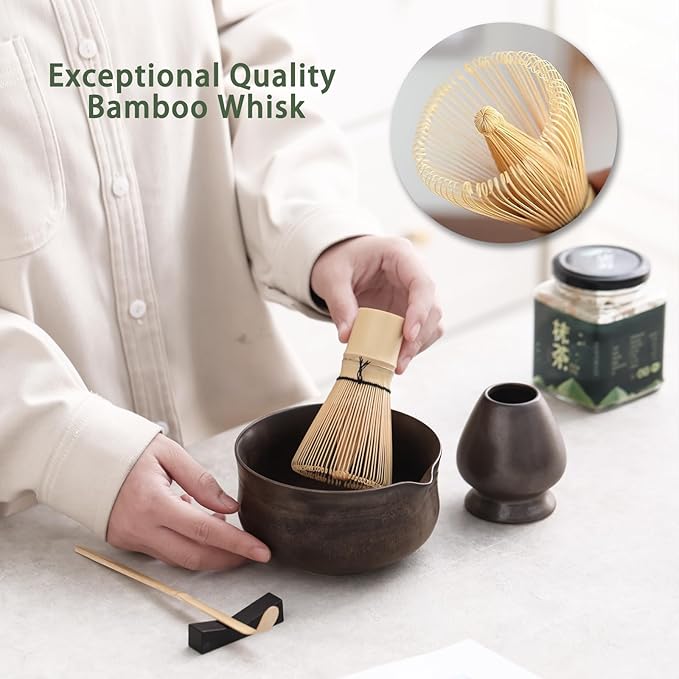 Matcha Set, Japanese Tea Set Includes Matcha Bowl with Spout, Matcha Whisk Holder (chasen), Bamboo Matcha Whisk and Bamboo Scoop, Ceramic Matcha Kit for Tea Lovers - Bloomnest