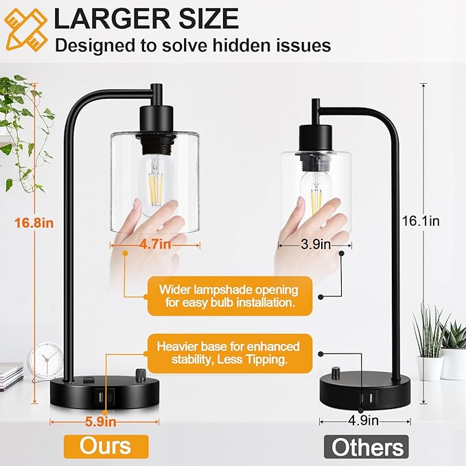 Set of 2 Industrial Table Lamps with USB Port, Fully Stepless Dimmable Bedside Lamps for Bedrooms, Nightstand Desk Lamp with Clear Glass Shade for Reading Living Room Office 2 LED Bulb Included - Bloomnest