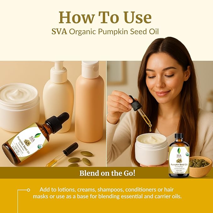 SVA Pumpkin Seed Oil Organic - 4 Fl Oz – 100% Natural Cold Pressed Organic Pumpkin oil - for Face, Skin Care, Hair Care, Scalp Massage & Body Massage – Carrier Oil with Dropper - Bloomnest