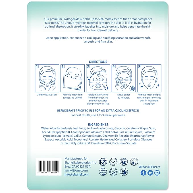 Ebanel 10 Pack Hydrogel Collagen Face Mask with Hyaluronic Acid, Vitamin C, Peptide, Aloe, Instant Brightening Hydrating Face Masks Skincare Korean Sheet Mask, Skin Firming, Lifting Anti Aging Masks - Bloomnest