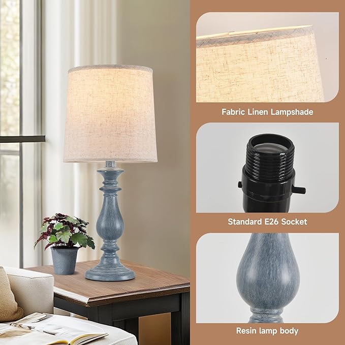 Lamps Set of 2 Vintage Rustic Farmhouse Table Lamps Bedside Reading Lamp Bedroom Nightstand Living Room Teapoy Lamp, Desk Light, 22 Inch High, Navy Blue, with Fabric Shade, Bulb Not Included - Bloomnest