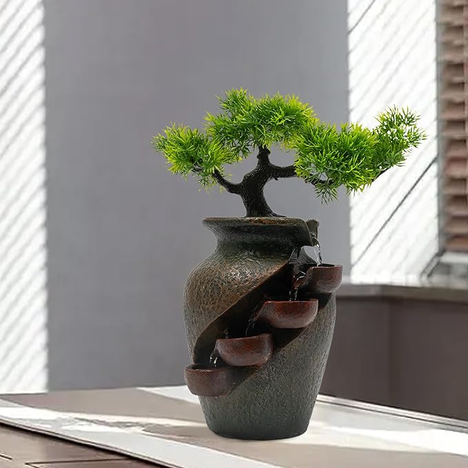 Decorative Indoor Tabletop Fountain, 15.7in Tabletop Wateall Vase Fountains with Simulation Tree Flowers for Living Room, Bedroom, Dining Room (Pine Tree) - Bloomnest