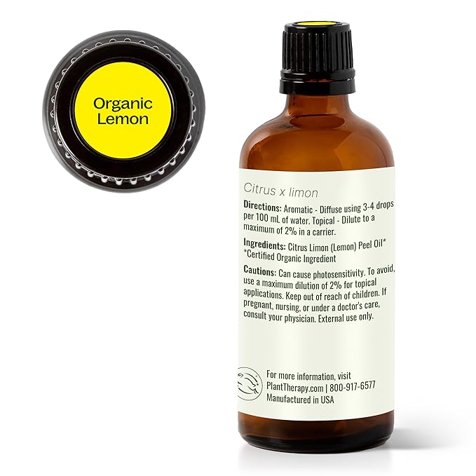 Plant Therapy Organic Lemon Essential Oil 100% Pure, USDA Certified Organic, Undiluted, Natural Aromatherapy, Therapeutic Grade 100 mL (3.3 oz) - Bloomnest