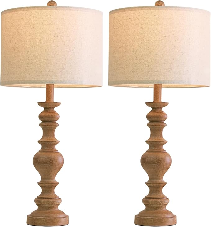 BOBOMOMO 27" Light Brown Table Lamps Set of 2, Large Farmhouse Resin Lamps with Linen Shades, Rustic Vintage Lamps for Living Room, Bedroom, Console Table or Entryway Home Lighting - Bloomnest