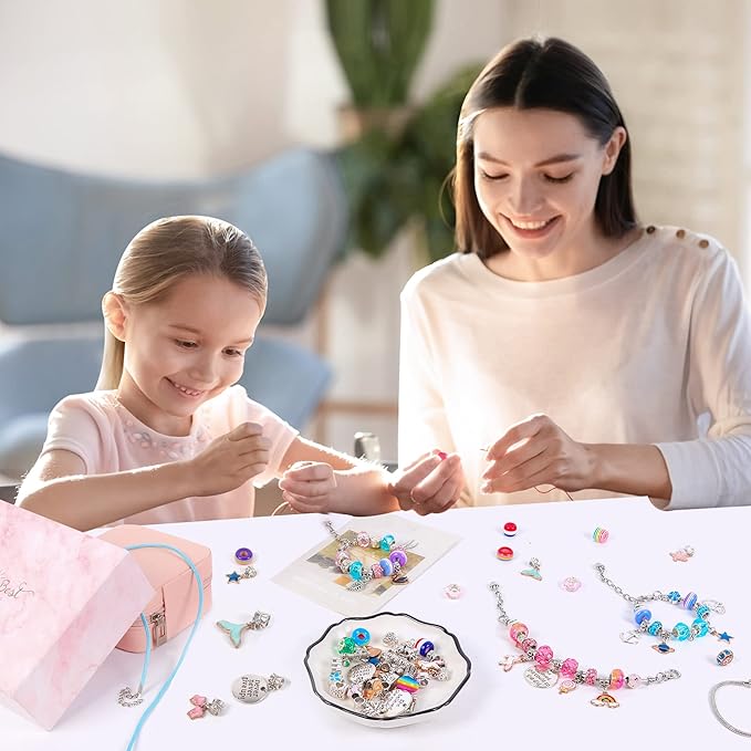 Charm Bracelet Jewelry Making Kit - A Perfect Birthday Holiday Gift for Girls Age 6 7 8 9 10 with Portable Jewelry Box, Cute & Sparkling to Inspire Creativity and Self-Expression, Great Value - Bloomnest