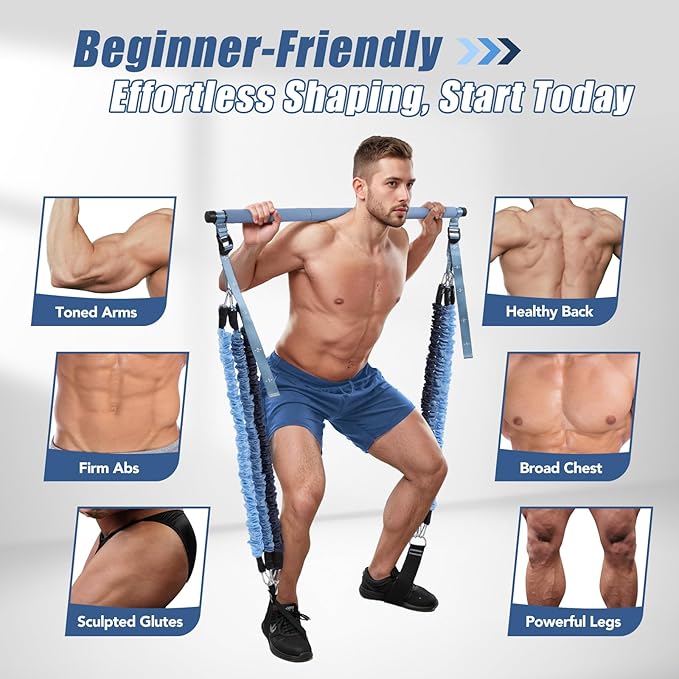 Upgraded Pilates Bar Kit with Resistance Bands Natural Latex for Women & Men, Heavy-Duty Stainless Steel Multifunctional Yoga Pilates Stick for Home Gym Exercise Fitness Equipment Full-Body Workouts - Bloomnest