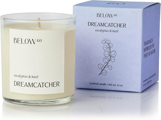 Below 60 Scented Candle – Dreamcatcher – Essential Oil-Based Fragrance – Hand-Made with Paraffin-Free Soy Wax – 100% Cotton Wick – 50 hr Burn Time - Founded by Hilary Duff – Eucalyptus & Basil (10oz) - Bloomnest