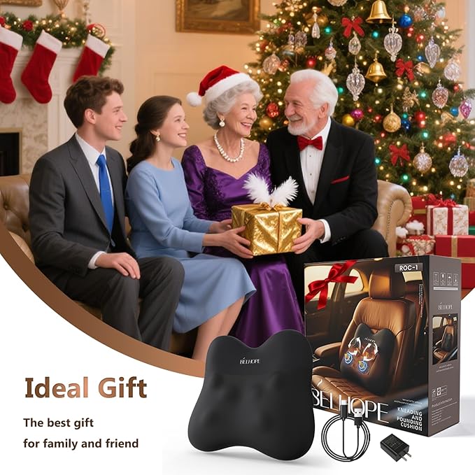 belhope Shiatsu Back Massager with Heat,Percussion Massage Cordless Back Massage for Pain Relief Deep Tissue.4D Kneading Massage,Gift for Men Women Parents Relaxation at Christmas Office Car,Black