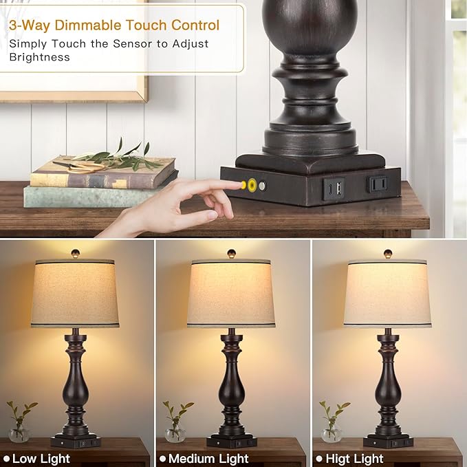 27.5" Farmhouse Table Lamp for Living Room Set of 2,Vintage Bedside Nightstand Lamps with USB C+A Ports & AC Outlet,3-Way Dimmable Touch Control Retro Black Desk Lamp for Bedroom,Black - Bloomnest
