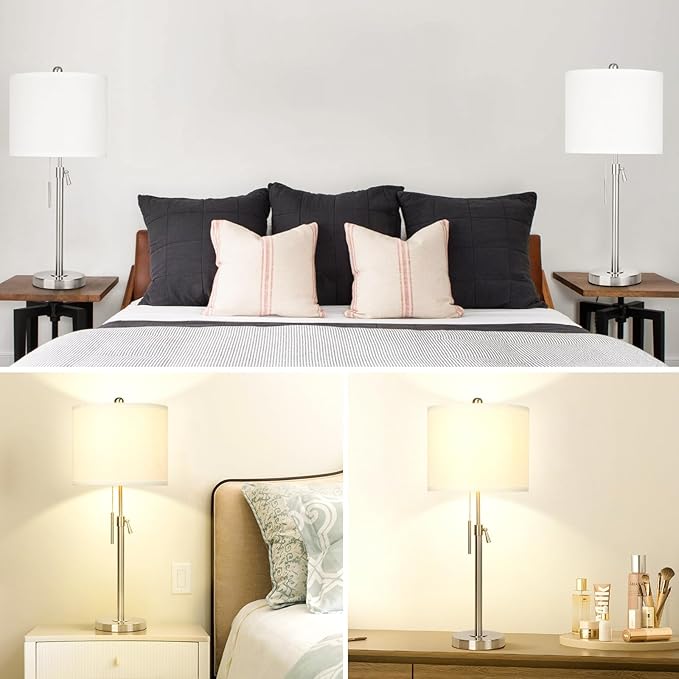 Brushed Nickel Table Lamps Set of 2: 22" to 30" Height Adjustable Nightstand Lamps with White Linen Shade | Pull Chain Switch | Silver Pole Beside Lamp for Living Room Bedroom - Bloomnest