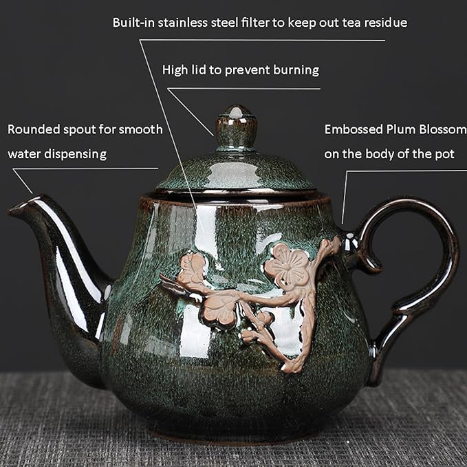 KEYDUACU Japanese Tea Set, Green Kiln-Formed Ceramic Plum Blossom Cameo Tea Set, Includes 1 Teapot, 6 Teacups,Tea Tray,Strainer, Used for gifts, home, outdoor, Chinese Kung Fu Tea Set(FDMHA-GREEN) - Bloomnest