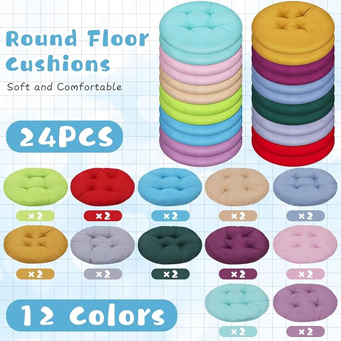 Tinideya 24 Pcs Round Floor Cushions Floor Pillows Meditation Seat Pillows Flexible Seating for Adults Kids, Chair Cushions for Classroom, Nursery, Living Room, Yoga(Small 11.8 Inch,Multi Color) - Bloomnest