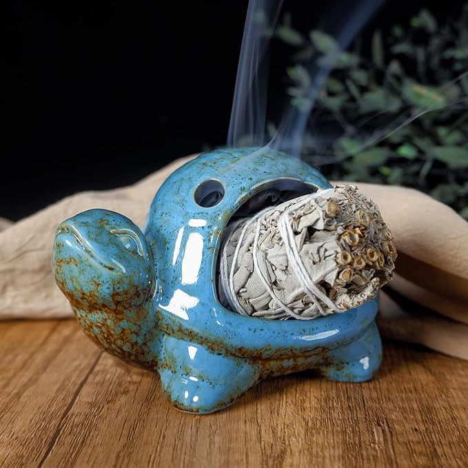 Blue Ceramic Turtle Palo Santo Burner - Mini Chiminea, Burns Palo Santo、Sage、Incense Cones, Doubles as Small Candle Holder for Energy Cleansing、Yoga、Meditation、Zen、Altar Aromatherapy MOUGIGI