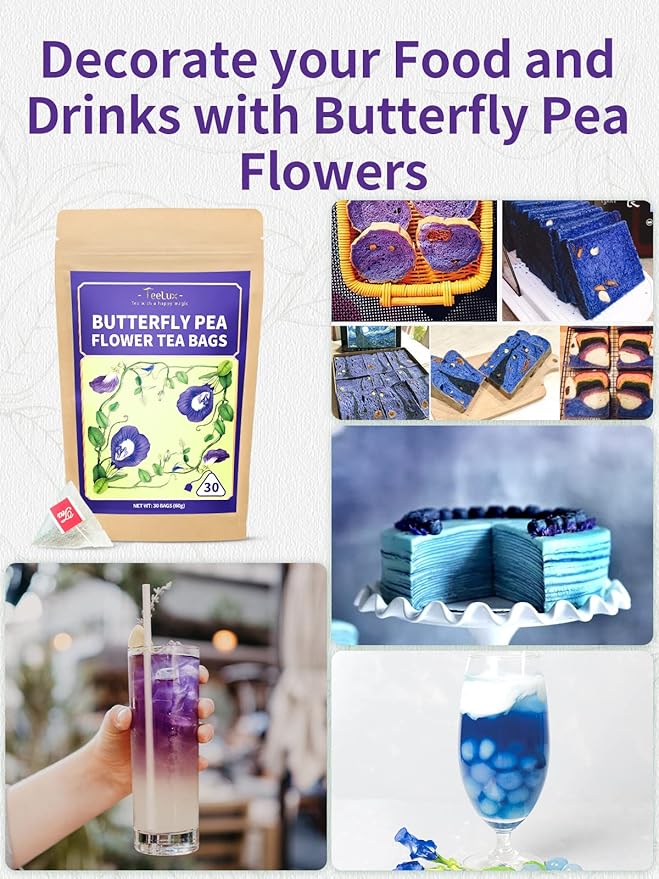 TeeLux Butterfly Pea Flower Tea Bags - Premium Dried Butterfly Pea Flower for Blue & Purple Drinks and Food Coloring, 30 Tea Bags - Bloomnest