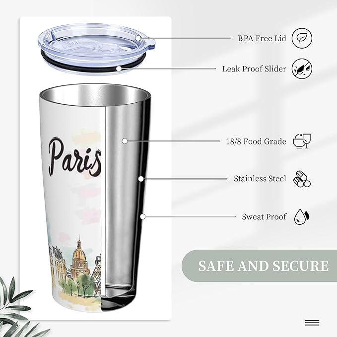 Paris Eiffel Tower Tumbler with Lid and Straw 20 oz Stainless Steel Cup Insulated Tumbler Coffee Mug for Home Office or Car Christmas Birthday Gifts - Bloomnest